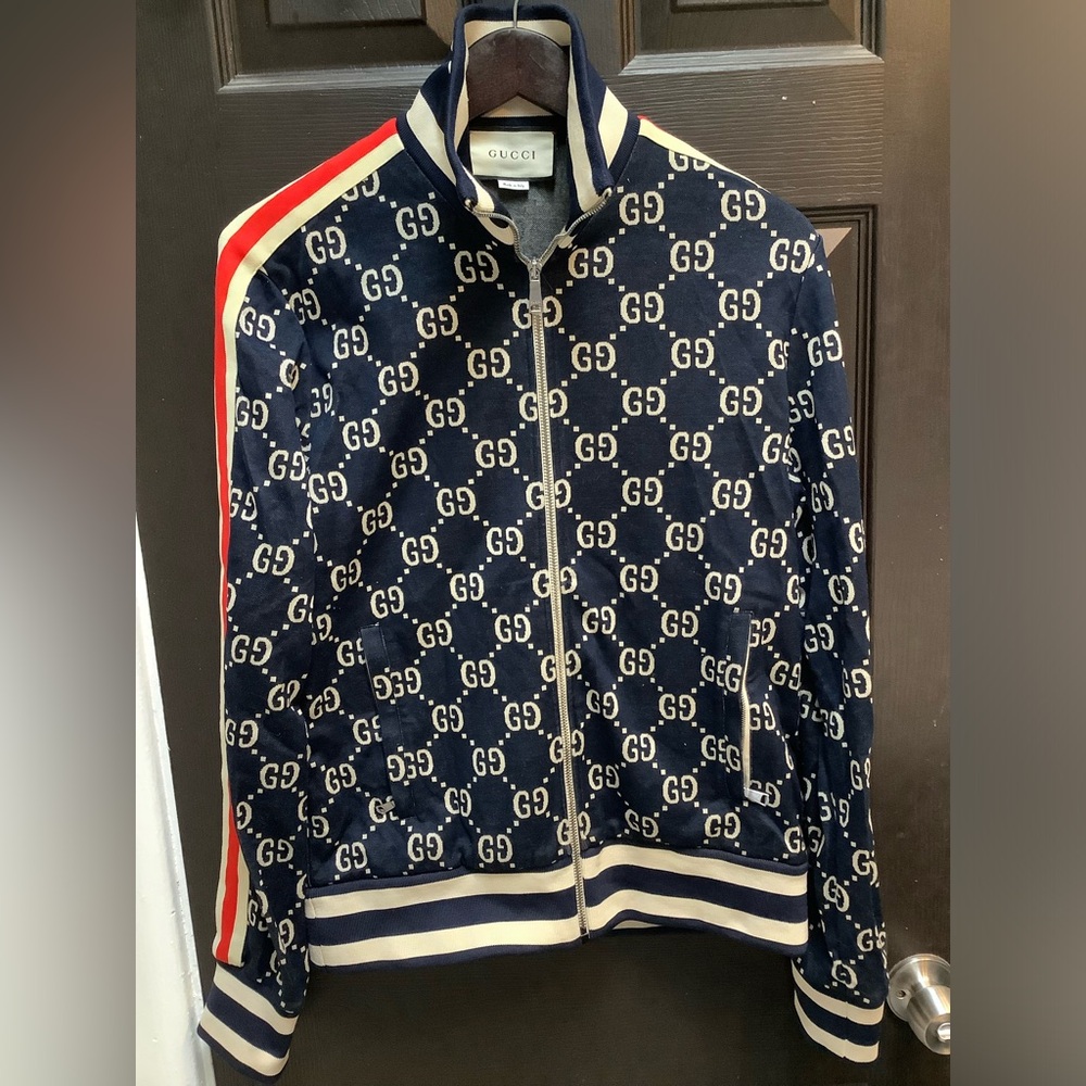 Gucci Blue and White Patterned Jacket with Red Accent in great condition